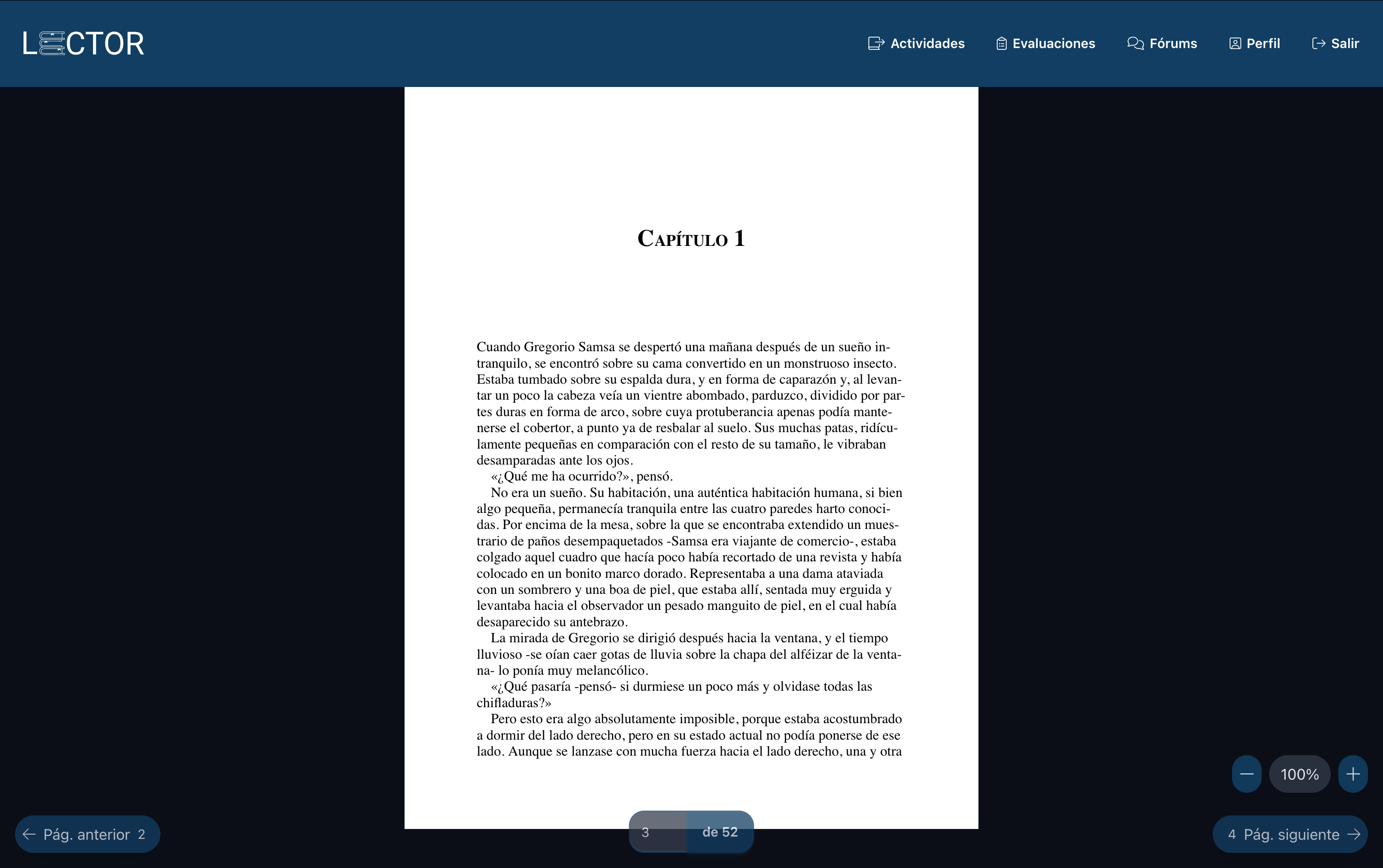Vista de lectura de un libro en Lector